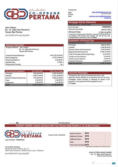 Download Malaysia Co op Bank Pertama mortgage statement Word and PDF template Photoshop template